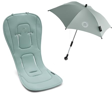Bugaboo Sommer Accessoire Set: Duo-Komfort Sitzauflage für vier Jahreszeiten und Sonnenschirm+, kompatibel mit allen Bugaboo Modellen, für optimalen Schutz gegen Sonnenstrahlen, Pine Green