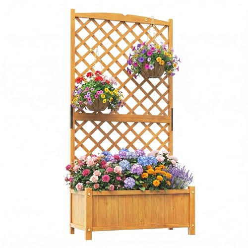 COSTWAY Fioriera da Esterno con Grigliato, Letto Rialzato in Legno con Traliccio e Fori di Drenaggio, Aiuola Rialzata per Piante Rampicanti e Fiori, 90 x 44,5 x 180,5 cm (Naturale)