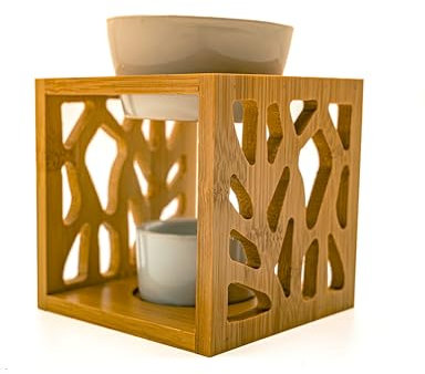 LivuX Lampe aromatique - Humidificateur avec structure en bois, bol en céramique et photophore - 12 cm de haut, 10 cm de large - Diffuseur d'huiles essentielles naturel 1124