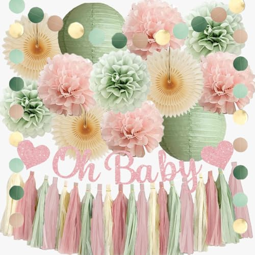 Babyparty Deko Mädchen Salbeigrün Rosa Deko Babyparty Mädchen Rosa Pastell Grün Babyshowerparty Deko Grün Hellrosa Pompons Salbei mit Oh Baby Girlande Rose Gold Quasten Creme Hellrosa Salbeigrün