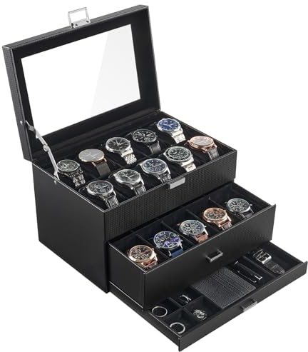 ProCase Uhrenbox mit 20 Fächern, 2 Ebenen Uhrenkoffer mit Schublade, Uhrenaufbewahrung Uhrenkasten mit Glasdeckel -Ganz Schwarz