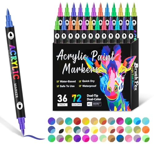 LOYOBOHO 72 Colours Acrylic Paint Pens, Dual Tip Paint Markers, Waterproof Quick Dry Water-Based Acrylic Markers for Rock Painting, Glass, Wood, Ceramic, Canvas & DIY Crafts