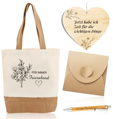 QITHGYD 5 PCS Ruhestand Geschenk Frauen Rentner Jutetasche Dankeschön Abschiedsgeschenk Kollegin Herzförmige Holzspäne Kugelschreiber mit Gravur für Immer Feierabend Rentnerin Geschenk