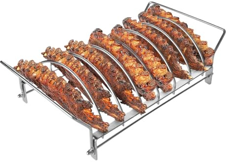 Stainless Steel Rib Rack - BBQ Roasting Stand for Meat Cooking | Rust Resistant Food Safe Construction with Vertical Slots, Multi Layer Holder, Space Saving Design for Pork Chicken Grill Oven Smoker