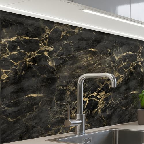 KitchenYeah© Rückwand Küche Rückwandschutz Selbstklebend Spritzschutz | 60x80 cm - Küchenrückwand Küchenfront Küchen Selbstklebende Küchenrückwände Schwarz - Marmor - Gold - Nerf