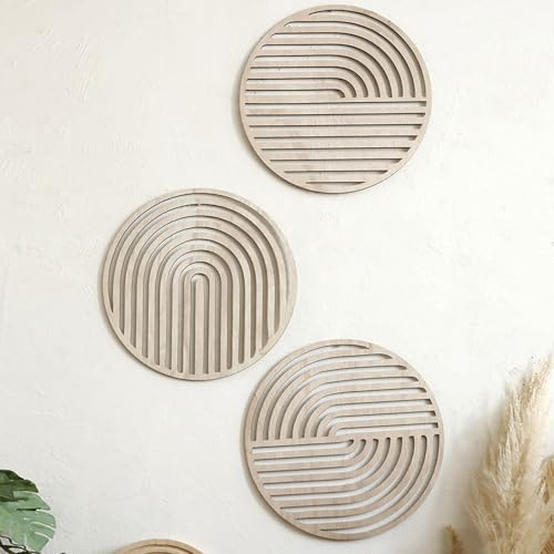 PAEFIU 3 Stück Holz Boho Wand Deko, 3D Runde Nordeuropa Wanddekoration, Moderne Leichte Holz Wandskulpturen, Abstrakte Geometrischen Kreise Wandkunst, Für Schlafzimmer, Esszimmer, Wohnzimmer, Büro