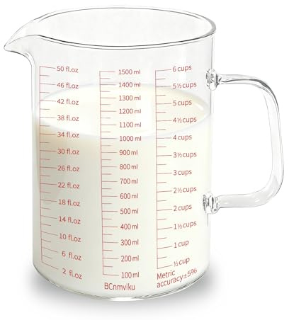 NLnnmuzh 1500ml Glass Measuring Jug,Borosilicate Glass Measuring Cup with Scales (ml/Cups/oz), Ideal for Dining,Cooking,Kitchen