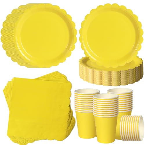 120 Pièces Jaune vaisselle jetable anniversaire pour 40 Invités | 18cm assiette jetable festonnée, gobelets carton, serviettes, anniversaire enfant, festival d'été, fête ensoleillée.