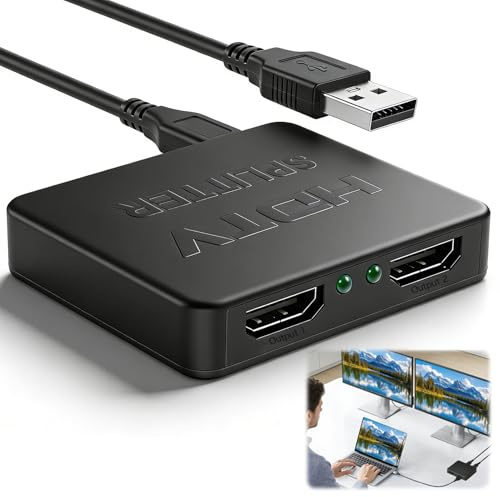HDMI Splitter 1 in 2 Out for Dual Monitors, 4K Ultra HD with USB Power, Compact Plug and Play, Compatible with PS4, Xbox, Use for Presentations and Home Entertainment