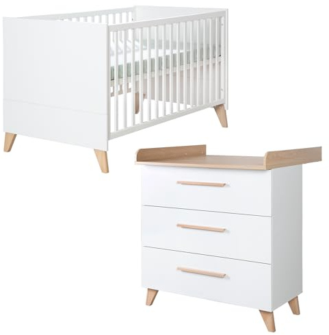 roba Babymöbel Set Leon 2-teilig - Kombi-Kinderbett 70x140 cm & Wickelkommode 3 Schubladen mit Vollauszug - Füße und Griffe aus Massivholz - Skandinavisches Design in Weiß & Othello Eiche