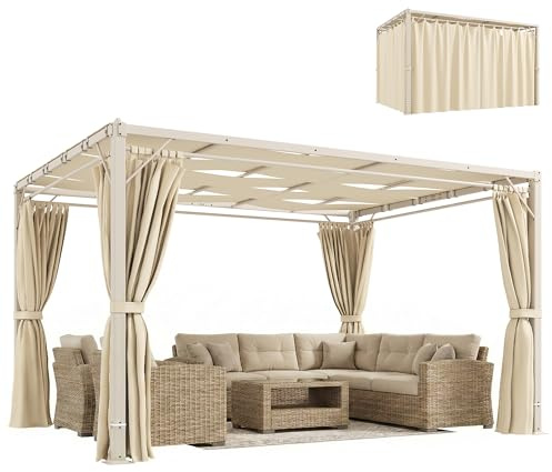 Outsunny Pérgola de Jardín 3x4 m Cenador de Jardín con Techo Ondulado, 4 Cortinas Desmontables, Estructura de Acero Resistente y Protección UPF50+, Pabellón para Exterior, Patio y Terraza, Beige