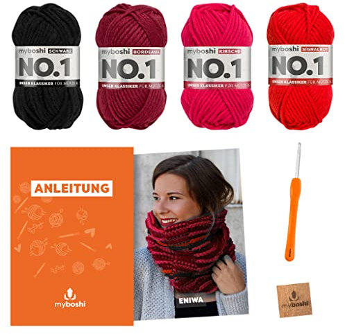 myboshi Häkelset Schlauchschal Eniwa, inkl. No.1 Wolle, Nadel und Anleitung, für Mützen und Schals, Häkelpaket, 30% Merinowolle Rot mit Häkelnadel