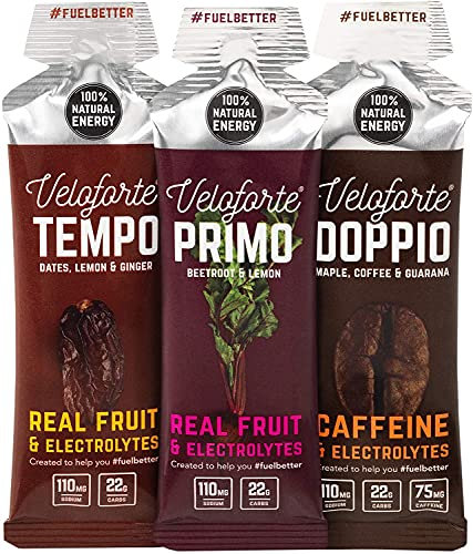 Veloforte Natural Energy Gels 9 Pack (Assorted Flavours) of 22g Dual Carb Fast Release Energy with Electrolytes, Vegan Friendly & Gluten Free, For Running, Marathons, Cycling and Triathlon