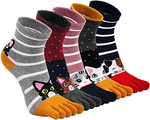 ZFSOCK Chaussettes 5 Doigts Femme Coton Chaussettes Orteils Séparés Running Sport Femme multicolor Fantaisie Drole Motif à Animaux Chat Chien Taille 36-41(4-7),Chaton-5 paires