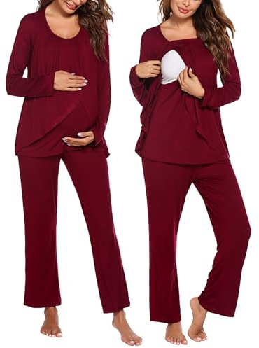 Ekouaer Maternity Nursing Pajama Set Long Sleeve Top & Pants with Pockets Breastfeeding Sleepwear Double Layer Pregnancy Wine Red XL