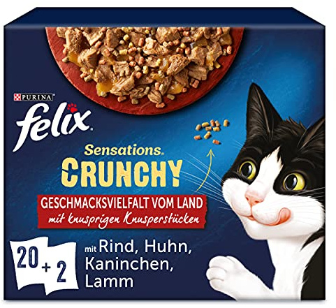 FELIX Sensations Crunchy kattfoder våt i gelé, blandade sorter, 4-pack (4 x 20 påsar med 85 g)