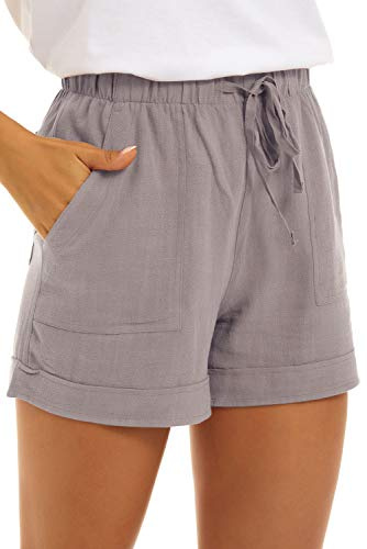 FANGJIN Damen Große Lounge-Hose Elastische Taille Niedliche Reise Leinen Strand Tragen Kurze Overalls Kordelzug Sommerlaufhose Grau XL