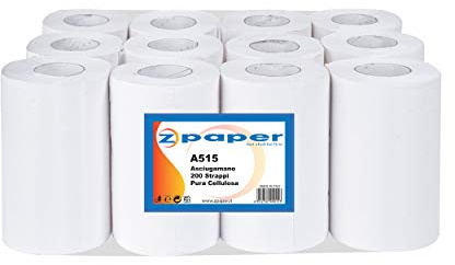 ZPAPER - 12 Rotoli Asciugamani - Carta Pura Cellulosa, 200 Strappi a Rotolo, 2 Veli, Anima a Spirale, confezionati. Rotoli Bobine Asciugatutto