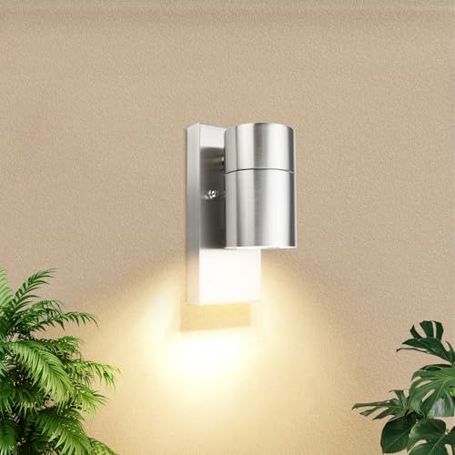 Allesgute Aussenleuchte mit Dämmerungsschalter IP44 Modern Gebürstet Edelstahl LED Wandlampe Dämmerungssensor Down Aussenlampe für Garten Bad Hof Balkon inkl.5W 500LM GU10 Warmweiss