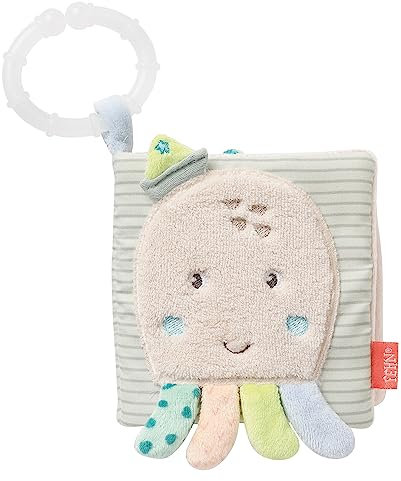 Fehn Fühlbuch Oktopus - Buggybuch aus Stoff mit Meerestier Motiven - Babyspielzeug Buch mit Quietsche, Raschelpapier und Spiegel - Babybuch 8 Seiten - Stoffbuch für Babys und Kleinkinder ab 0+ Monaten