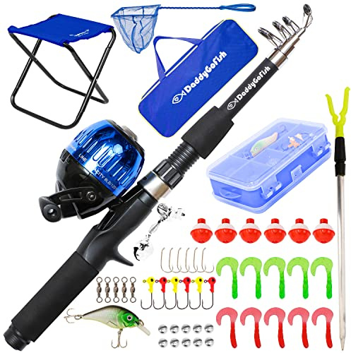 DaddyGoFish Kids Fishing Pole – Telescopic Rod & Reel Combo with Collapsible Chair, Rod Holder, Tackle Box, Bait Net and Carry Bag for Boys and Girls - Blue, 5th