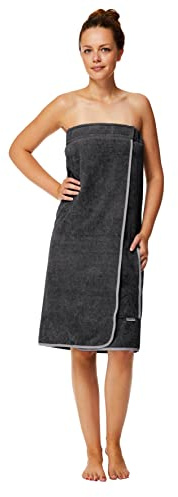 Sowel® Saunakilt Damen, 100% Bio-Baumwolle, Saunahandtuch mit Klettverschluss und Gummizug, Saunatuch Knielang, 80 x 130 cm, Anthrazit/Grau