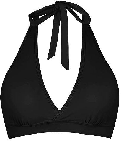 Stützender Neckholder-Bikini für Damen, gepolstert, Push-Up-Bikini, gerüschte Brust, Haken hinten, Badeanzug, nur Oberteil, Schwarz, Large