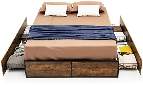 COSTWAY 4FT/4FT6 Double Metal Bed Frame with 4 Underbed Drawers, Platform Bed Mattress Foundation, Slat Support Bedstead Base for Adults, Kids and Teenagers, No Box Spring Needed (190 x 120 x 33cm)