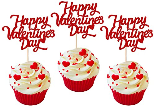 24 Stück Happy Valentine's Day Kuchen Topper mit Lippen Liebe Herz Valentine Kuchen Picks Valentinstag Kuchen Dekorationen für Valentinstag Thema Hochzeit Geburtstag Party Kuchen Dekorationen Rot