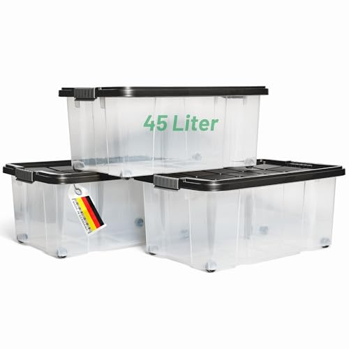 Novaliv 3x Aufbewahrungsboxen mit Deckel Groß 45L Anthrazit Nestbar stapelbar mit Clipverschluss Rollboxen Kunststoff BPA-frei 61x40x26 cm