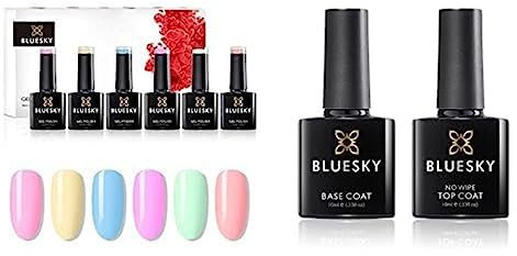 Bluesky Gel Nail Polish Set, Pastel Neon Collection, 6 x 10 ml, Pink and No Wipe Top Coat and Base Coat, Soak Off LED UV Gel Nail Polish Set, High Gloss Finish, Clear, 2 x 10ml