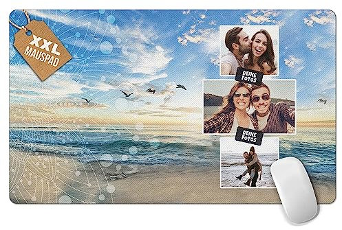 Print Royal PR Großes Mousepad mit Foto selbst gestalten - Urlaub-Fotocollage mit 3 Fotos - Strand und Meer - XXL Mousepad Bedrucken, Geschenke für Freunde | Schreibtischunterlagen, 600 x 350 mm