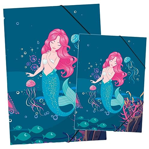 itenga Juego de carpeta de dibujo DIN A3 y carpeta de colección DIN A4 con diseño, carpeta de goma para coleccionar, para niños, jóvenes, estudiantes, niñas y niños (juego A3 y A4 diseño de sirena)