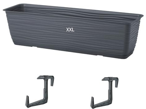 MELTOM Blumentopf Blumenkasten mit Halter Balkonkasten Wellen 3D Effekt mit Untersetzer (Anthrazit, XXL- 80cm)