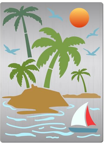 GORGECRAFT 19x14cm Pochoir en Métal en Forme de Cocotier Plage Voilier Oies du Soleil Palmiers Modèle en Acier Inoxydable pour Peinture Sur Bois Mur Tissu Toile Décoration D'Intérieur Loisirs Créatifs