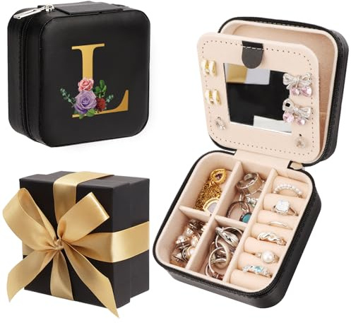 WALLFID Bow-Tied Geschenk, Schmuckkästchen, Aufbewahrung für Schmuck mit Spiegel, kleine Aufbewahrungsbox, Reise-Schmuckbox, Schwarz, für Uhren, Lippenstift, Ohrringe, Halsketten (L)