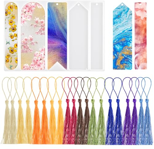 5 Shapes Silicone Mold Set with 20 PC Bookmarks & Tassels - Reusable Resin Casting for Epoxy, Vintage DIY Decoration