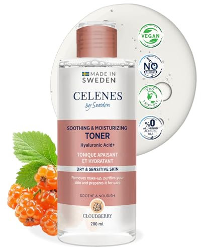 Celenes By Sweden Toner Visage Apaisant & Hydratant - 200Ml - Lotion Visage Pour Les Peaux Sèches Et Sensibles, Toniques Visages Sans Alcool Avec De L’Acide Hyaluronique Et De L’Extrait De Camomille