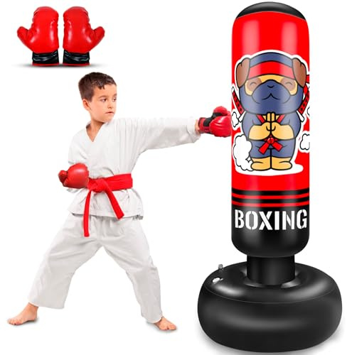 Uppblåsbar boxningssäck för barn, 152 cm barn boxningssäck med handskar för pojkar och flickor, boxningssäck för barn boxning set för att öva karate, Taekwondo, MMA (Ninja-hund)