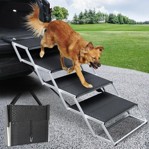 DGSL Extra breite Hunderampe für Auto, faltbare Hundetreppe für große Hunde mit rutschfester Oberfläche, tragbare Aluminium-Hundetreppe für SUV, Hochbetten und LKWs, unterstützt bis zu 113 kg
