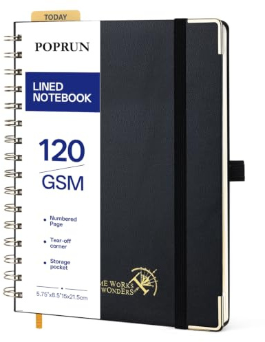 POPRUN Cuaderno de Notas con Espiral, Página de Banner, Tamaño A5, Papel Grueso de 120 GSM, 141 Páginas Numeradas, con Bolsillo, Pestañas de Indice, 8 Hojas Perforadas, Negro