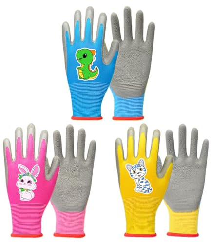EIYVPRA 3 Pares de Guantes de Jardinería para Niños, para 3-6 Años, guantes jardineria niños, guantes jardineria, guantes, Guantes de Jardín Recubiertos de Goma, Respirable, Multicolor