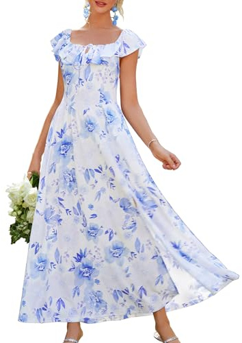 GRACE KARIN Robe Longue Femme Épaules Dénudées Taille Élastique Volants Imprimé Floral Bleu Blanc Été Élégante Chic