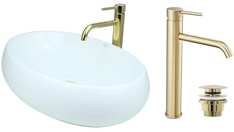 GTM Design Aufsatzwaschbecken Glanz Set mit Waschtischbatterie und Stopfen - Aufsatzwaschbecken Oval für Badezimmer - Modern Waschbecken ohne Hahnloch - Waschbecken mit Armature - Modell 4