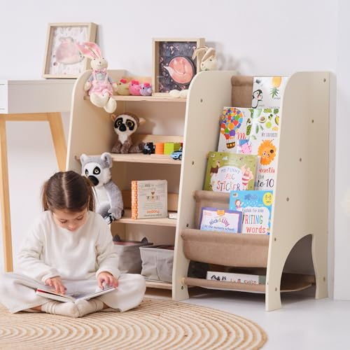 Goodevas Kinderbuchregal – Stylische Holz-Bücherregale für Kinder Einzigartig Design, sicherer und funktionaler Spielzeugorganisator für Schlafzimmer, Spielzimmer und Kinderzimmer (Ivory, Large)