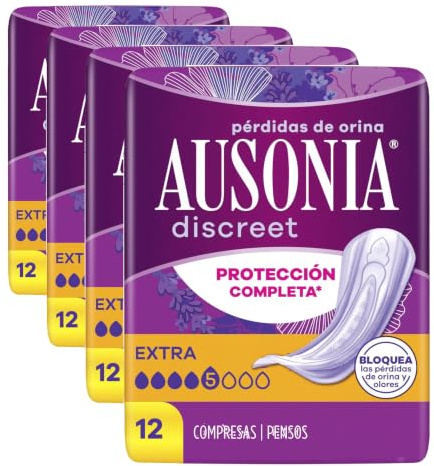 Ausonia Discreet Extra, 48 Compresas Incontinencia Mujer para Pérdidas de Orina, Protección Completa, Discreción Increíble (Paquete de 4)