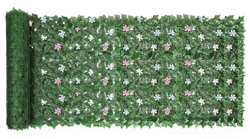3 m x 1 m Artificial Ivy Leaf Green Hedge Roll with Artificial Flowers, Faux Ivy Privacy Fence Screen, Waterproof UV Protection Garden Screening for Indoor Outdoor Decor