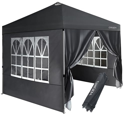 Origem Pavillon 3x3m mit 4 Seitenwänden, Pop Up Faltpavillon wasserdicht stabil winterfest,Partyzelt Gartenpavillon faltbar UV Schutz 50+,Höhenverstellbar,Tasche mit Rädern für Camping, Grill, Outdoor