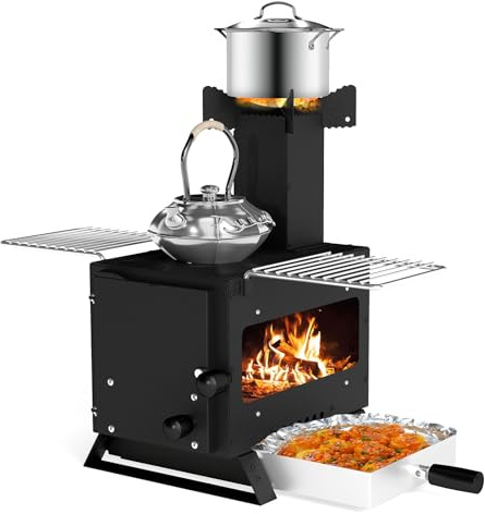 COSTWAY Estufa de Leña Portátil, Mini Cocina de Leña con Rejilla para Ollas, Bandeja de Horno y 2 Parrillas,Ventana de Vidrio, Camping, Picnic, Barbacoa