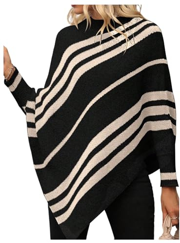 Milumia Women's Striped Mock Neck Knitted Poncho Sweater Dolman Long Sleeve Loose Tops Black and Apricot XX-Large